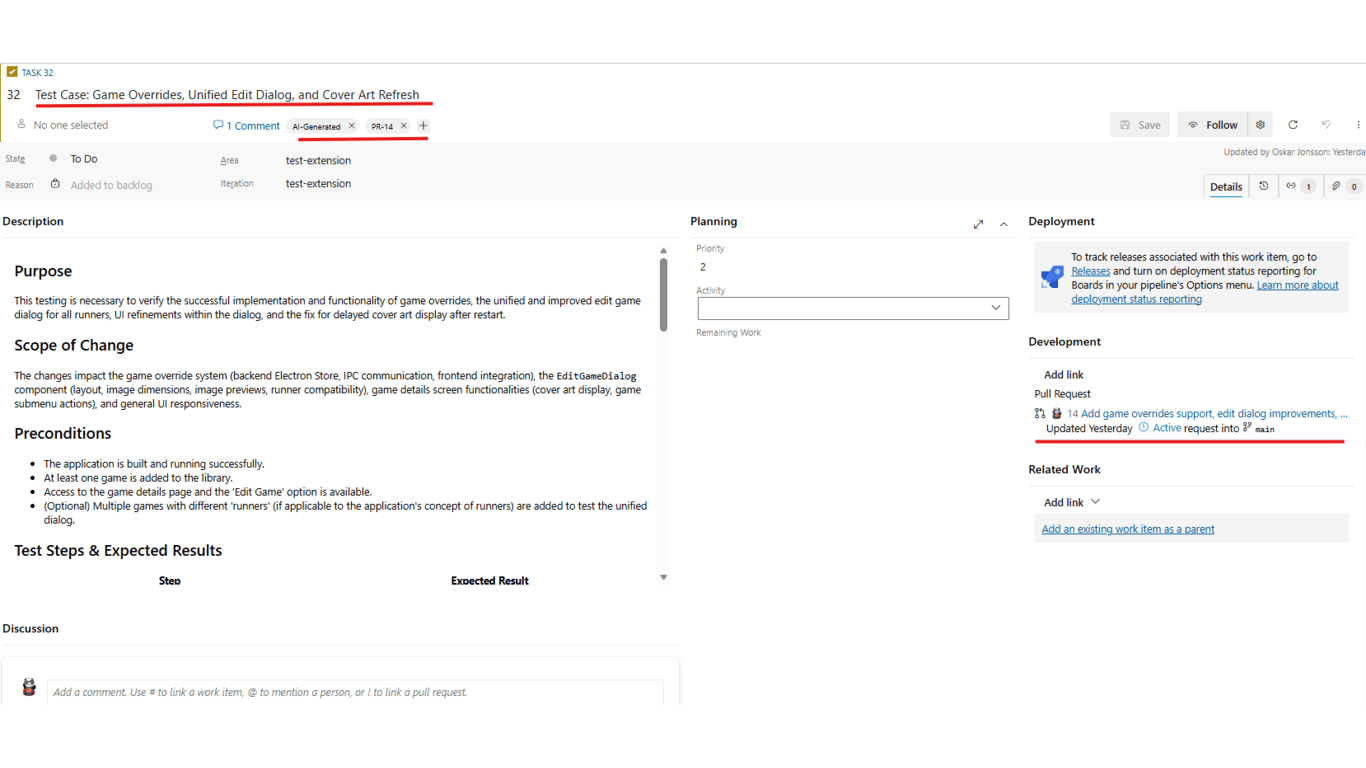 Generated Test Case in Azure Boards