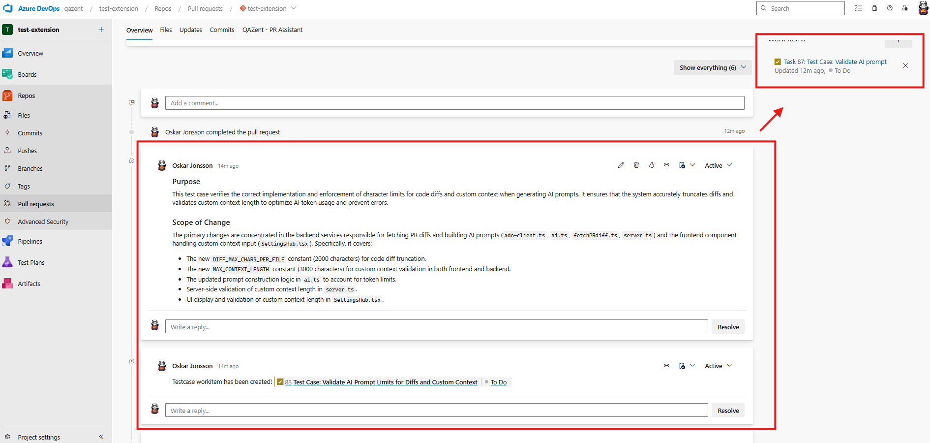 PR linked to Test Case work item